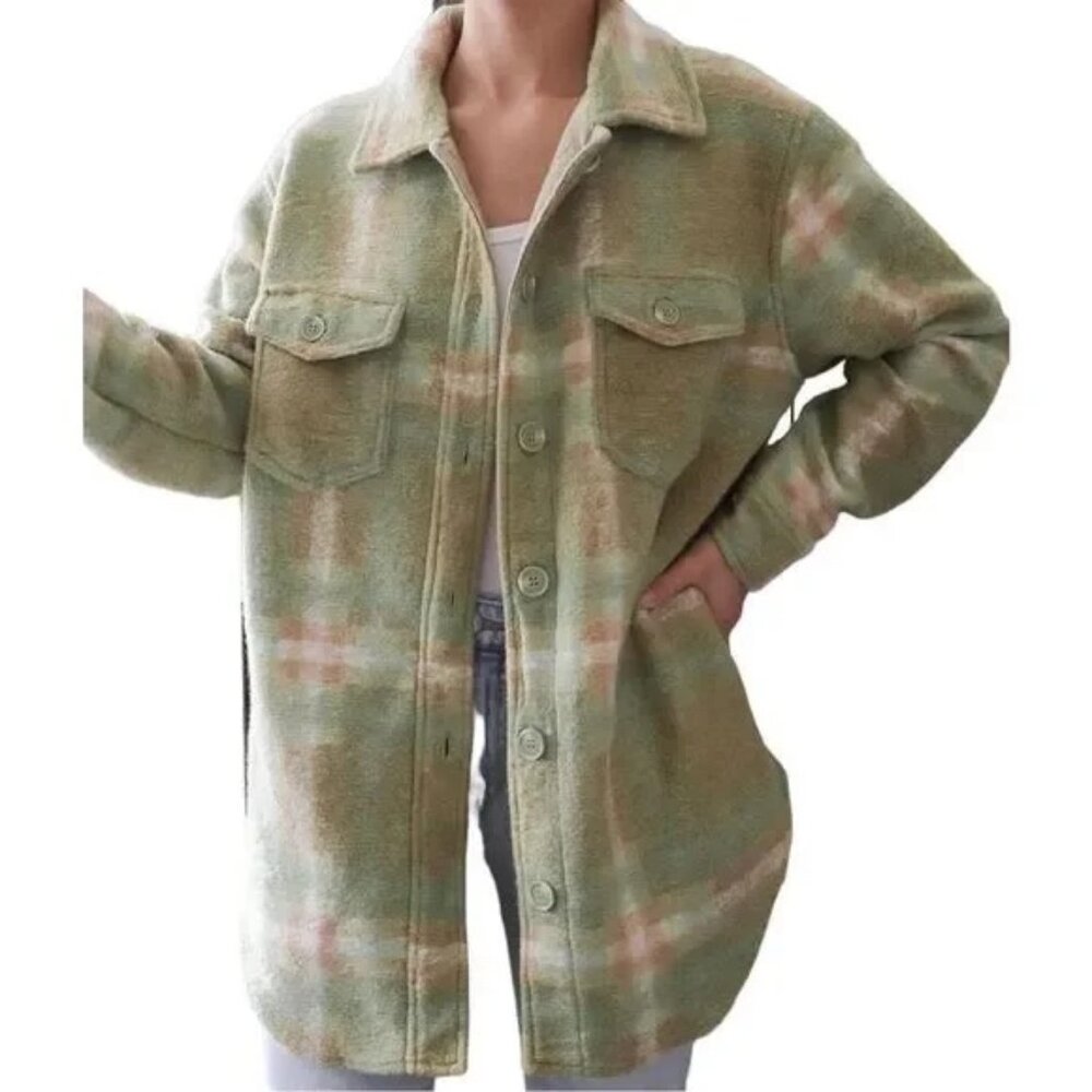 Joie Green Cream Plaid Oversized Shacket Button‎ Up Shirt Jacket Small